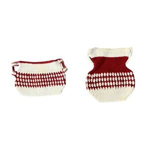 Vintage Crochet Hot Pads Red Cream Set of 2 Small Handmade Kitchen Decor Used